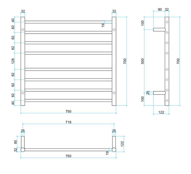 Thermogroup 8 Bar Heated Towel Ladder 750mm Polished Stainless Steel