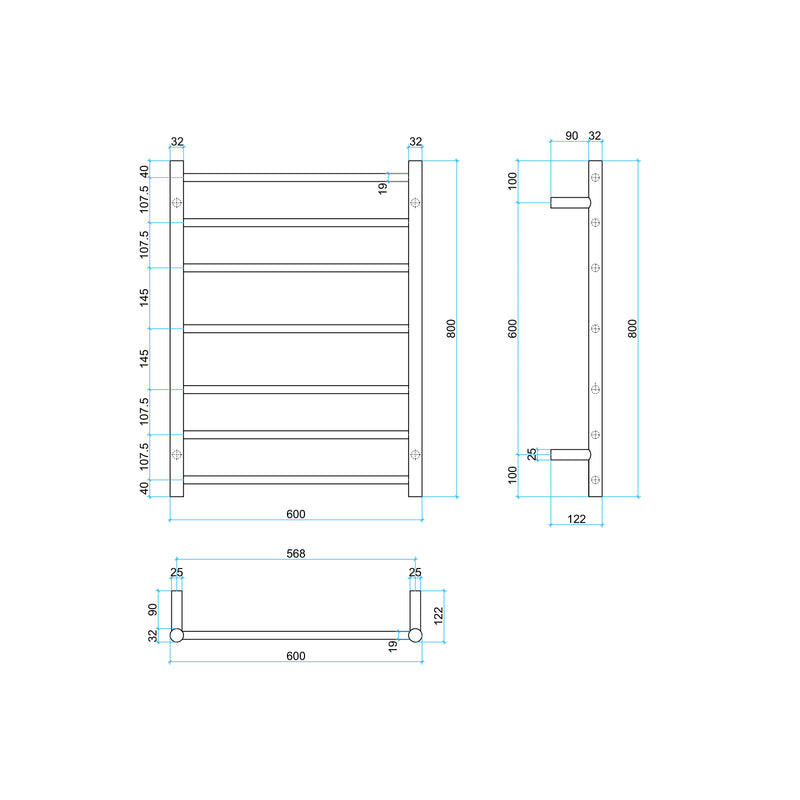 Thermogroup 7 Bar Straight Round Heated Towel Ladder 600mm Brushed Brass